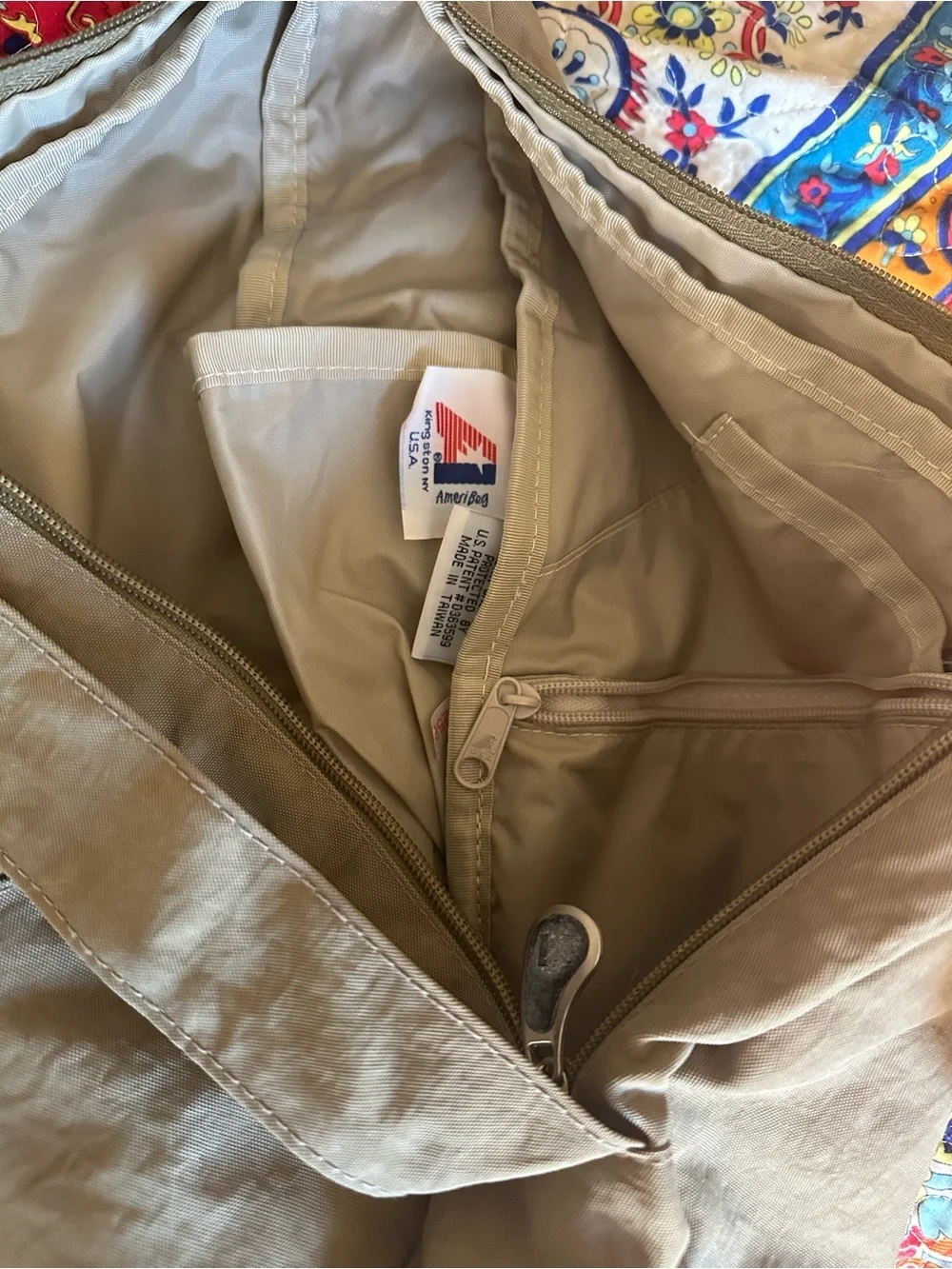 Ameribag Red and Blue Logo Interior Tag on Cream Lining